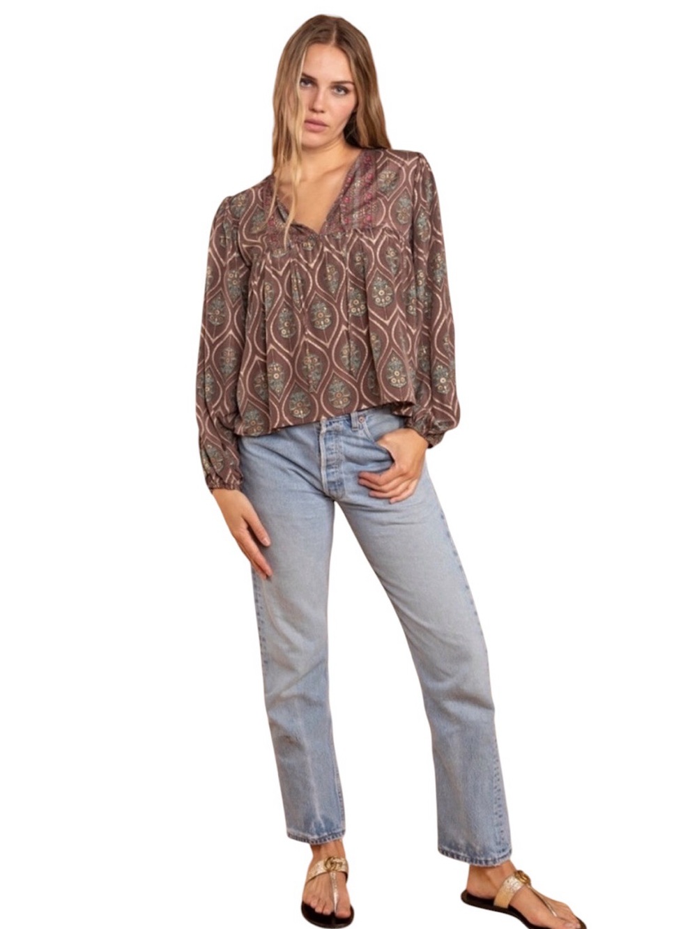RAGA Asmee Billow Sleeve Boho Indie Festival Paisley Blouse Size Large
